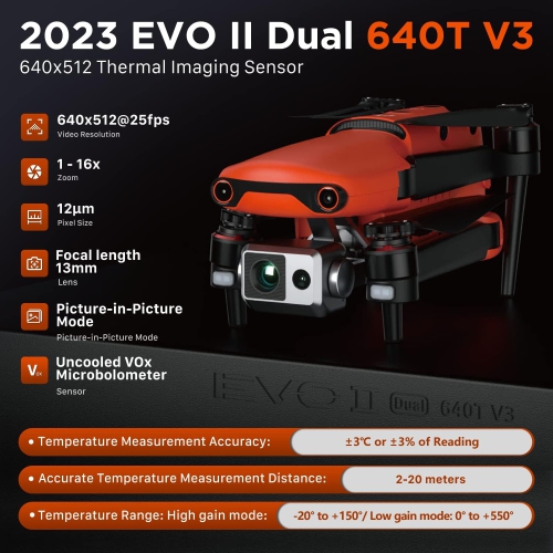 Autel Robotics EVO II Dual 640T Bundle V3, 640*512@30fps Thermal Imaging Sensor＆8K Visual Camera, 10+ Multiple Temperature Measurement Modes