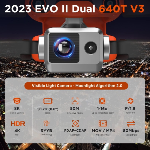 Autel Robotics EVO II Dual 640T Bundle V3, 640*512@30fps Thermal Imaging Sensor＆8K Visual Camera, 10+ Multiple Temperature Measurement Modes