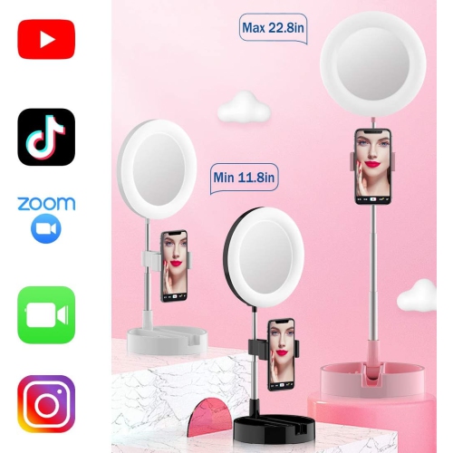 Portable Multi-Functional 6.3 Dimmable LED Selfie Continuous Video Halo Ring Light Zoom Live Stream Phone Holder Stand with Makeup Vanity Mirror