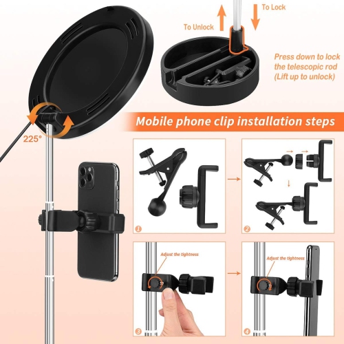 Portable Multi-Functional 6.3 Dimmable LED Selfie Continuous Video Halo Ring Light Zoom Live Stream Phone Holder Stand with Makeup Vanity Mirror