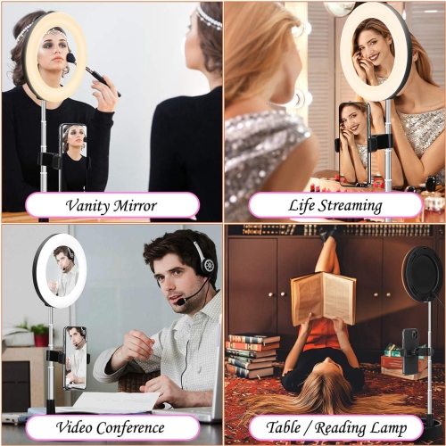 Portable Multi-Functional 6.3 Dimmable LED Selfie Continuous Video Halo Ring Light Zoom Live Stream Phone Holder Stand with Makeup Vanity Mirror
