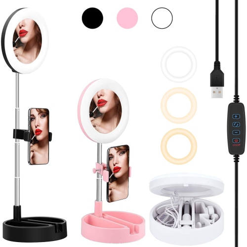 Portable Multi-Functional 6.3 Dimmable LED Selfie Continuous Video Halo Ring Light Zoom Live Stream Phone Holder Stand with Makeup Vanity Mirror