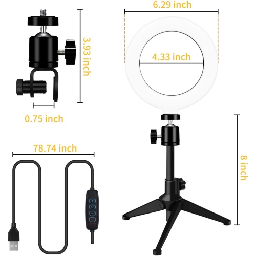 Anneau lumineux 6 pour ordinateur portatif, éclairage M Wecam pour trousse de vidéoconférence, petites lampes de bureau avec trépied et pince pour