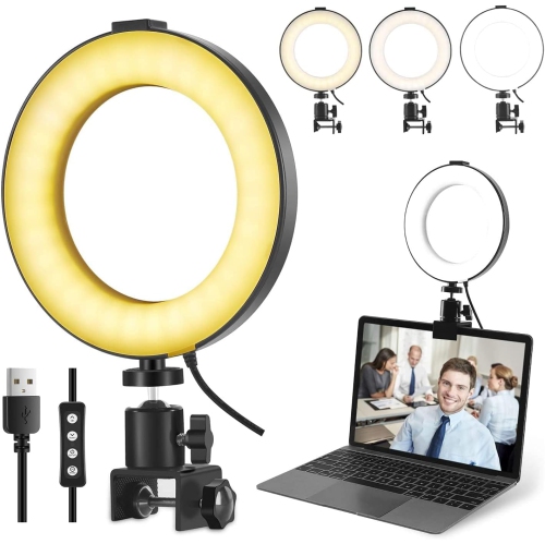 6'' Laptop Ring Light with Clamp, Video Conference Led Lighting Kit, 10 Brightness Level Led Desktop Light for Remote Meeting,YouTube Video, Selfie,