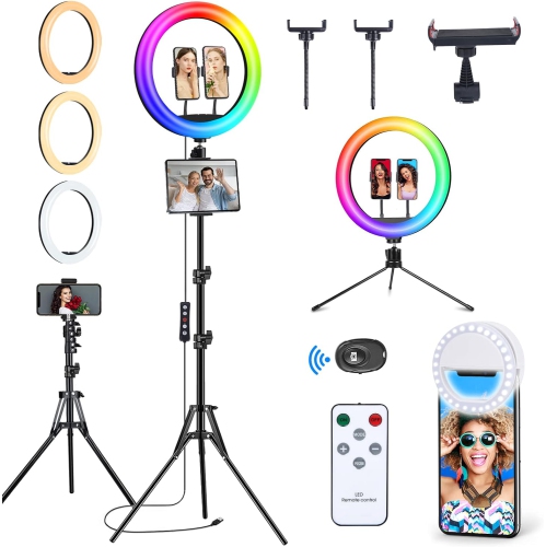 13 RGB Ring Light with 63 Stand and 3 Phone Holder, 53 lighting effects, Remote Shutter, Tablet iPad Holder, Desk Tripod, Selfie Ringlight for