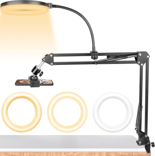 Overhead Phone Mount with Ring Light, C Overhead Tripod Phone Holder Mount for Video Recording, Flexible Articulating Arm Overhead Phone Stand Top