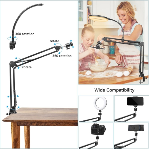 Overhead Phone Mount with Ring Light, C Overhead Tripod Phone Holder Mount for Video Recording, Flexible Articulating Arm Overhead Phone Stand Top