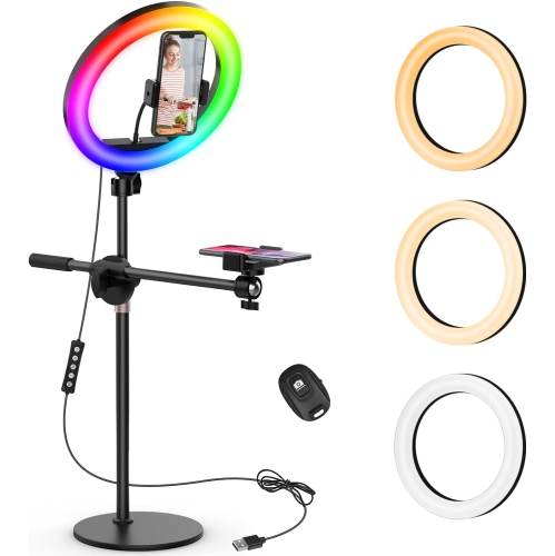 Overhead Phone Mount with Ring Light for Video Recording, Cooking Filming. Content Creator Kit with 10.5 Ringlight, Desk Stand and 2 Phone Holder,