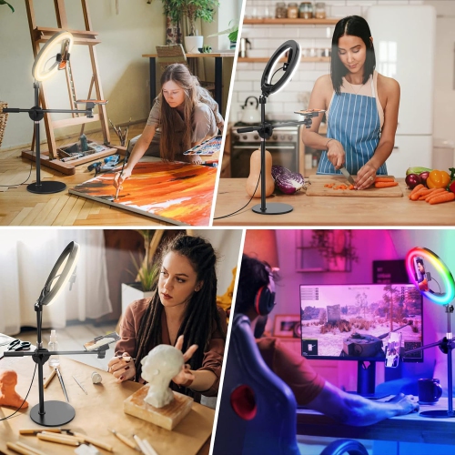 Overhead Phone Mount with Ring Light for Video Recording, Cooking Filming. Content Creator Kit with 10.5 Ringlight, Desk Stand and 2 Phone Holder,