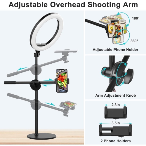 Overhead Phone Mount with Ring Light for Video Recording, Cooking Filming. Content Creator Kit with 10.5 Ringlight, Desk Stand and 2 Phone Holder,