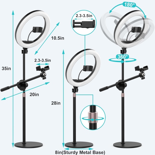 Overhead Phone Mount with Ring Light for Video Recording, Cooking Filming. Content Creator Kit with 10.5 Ringlight, Desk Stand and 2 Phone Holder,