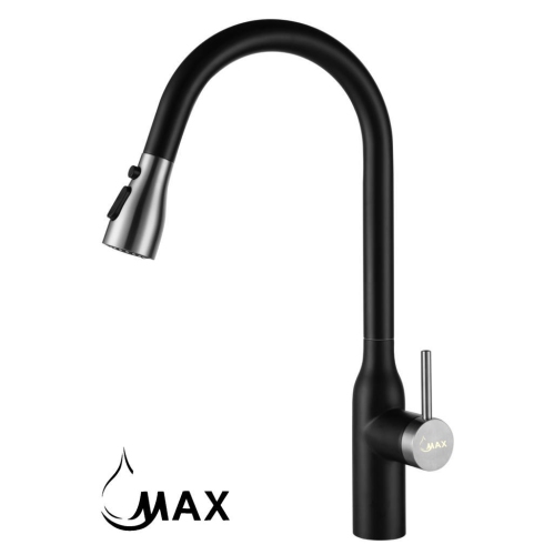 MAX Faucets High-Arc Pull-Out Kitchen Faucet Single Handle 18" Matte Black, Brushed Nickel Finish