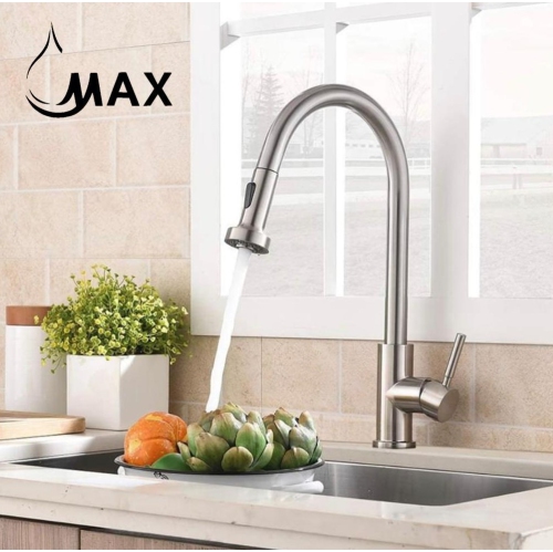 MAX Faucets Pull-Out Single Handle Kitchen Faucet 16" Brushed Nickel Finish