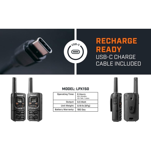 Radios bidirectionnelles Adventure 32&nbsp;km de Bushnell - Ensemble de 2 émetteurs-récepteurs portatifs rechargeables longue portée FRS 0,5 watts |