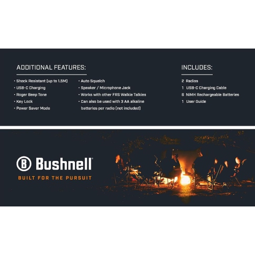 Radios bidirectionnelles Adventure 32&nbsp;km de Bushnell - Ensemble de 2 émetteurs-récepteurs portatifs rechargeables longue portée FRS 0,5 watts |