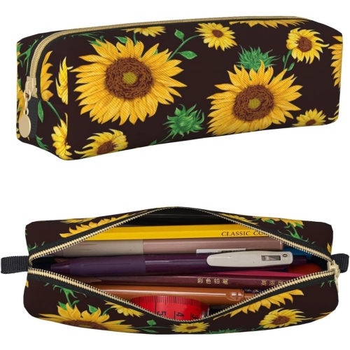 Small Pencil Bag Study Pencil Bag Key Pouch,Sunflowers on Black  Background,Stationery Storage Pencil Case