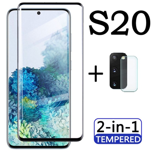 Image 1 de 5.. Pour Galaxy S20 de Samsung avec protecteur d'écran pour appareil photo sans bulles anti-rayures anti-empreintes 9H HD Noir protecteur d'écran en
