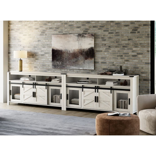 WAMPAT TV Stands for 100+ Inch TVs, Farmhouse Entertainment Center with Mesh & Barn Doors, Soundbar & Adjustable Shelf, Set of 2 Wood Tall Media