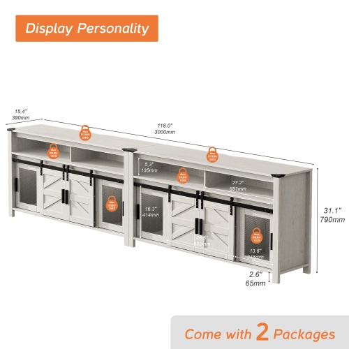 WAMPAT TV Stands for 100+ Inch TVs, Farmhouse Entertainment Center with Mesh & Barn Doors, Soundbar & Adjustable Shelf, Set of 2 Wood Tall Media