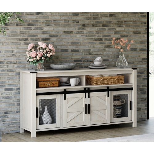WAMPAT Buffet Cabinet,Rustic Sideboard with Sliding Barn Doors,59 inches Coffee Bar Storage Cabinet with Mesh Doors,Antique White Cupboard Table for