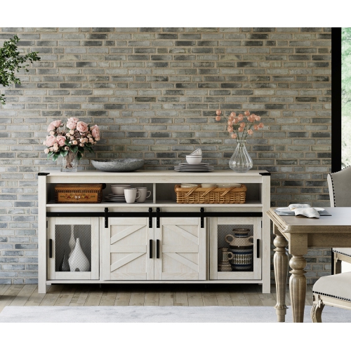 WAMPAT Buffet Cabinet,Rustic Sideboard with Sliding Barn Doors,59 inches Coffee Bar Storage Cabinet with Mesh Doors,Antique White Cupboard Table for