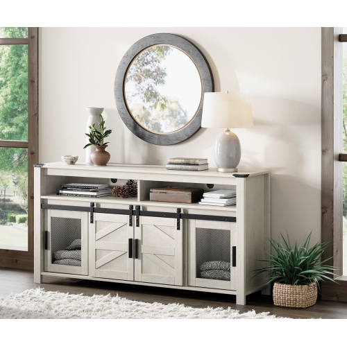 WAMPAT Buffet Cabinet,Rustic Sideboard with Sliding Barn Doors,59 inches Coffee Bar Storage Cabinet with Mesh Doors,Antique White Cupboard Table for