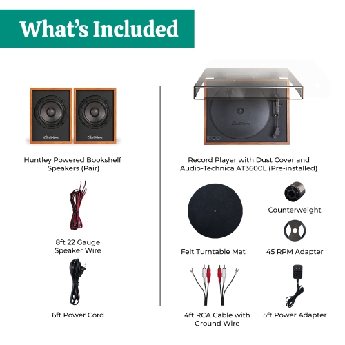 Electrohome – lecteur de disques vinyle sans fil Montrose avec Huntley, haut-parleurs d’étagère Bluetooth alimentés, teck