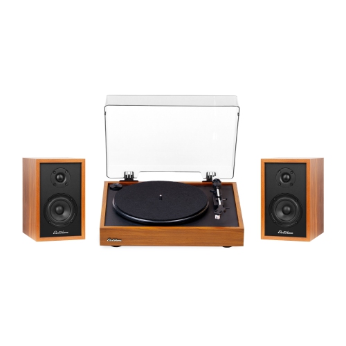 Lecteur de disques en vinyle Montrose d'Electrohome avec haut-parleurs d'étagère Bluetooth Berkeley pour un son naturel chaleureux, Teck