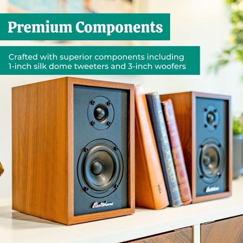 Lecteur de disques en vinyle Montrose d'Electrohome avec haut-parleurs d'étagère Bluetooth Berkeley pour un son naturel chaleureux, Teck