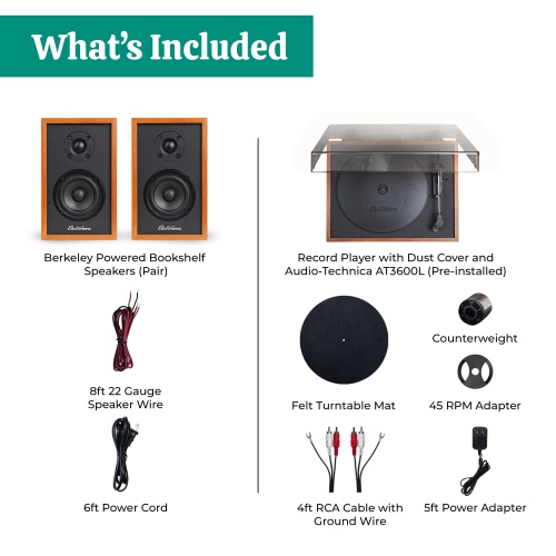 Lecteur de disques en vinyle Montrose d'Electrohome avec haut-parleurs d'étagère Bluetooth Berkeley pour un son naturel chaleureux, Teck