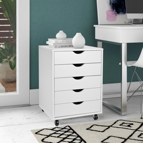 5-Drawer Mobile Filing Cabinets and Office Storage，File Vertical Wood Folder Organizer Cabinet with 360° Rotation Casters - White
