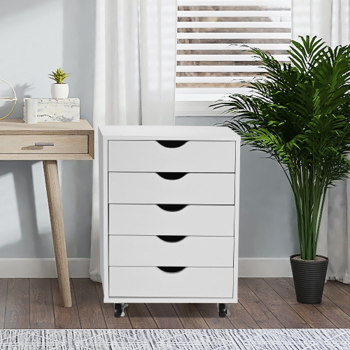 5-Drawer Mobile Filing Cabinets and Office Storage，File Vertical Wood Folder Organizer Cabinet with 360° Rotation Casters - White