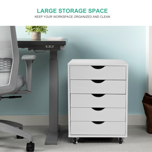 5-Drawer Mobile Filing Cabinets and Office Storage，File Vertical Wood Folder Organizer Cabinet with 360° Rotation Casters - White