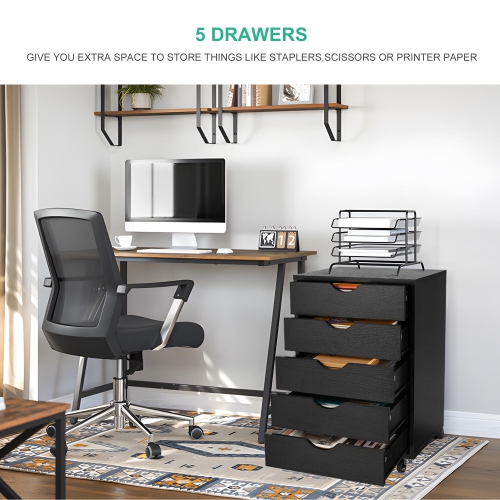 5-Drawer Mobile Filing Cabinets and Office Storage,File Vertical Wood Folder Organizer Cabinet with 360° Rotation Casters - Black