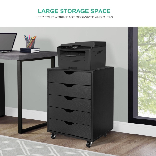 5-Drawer Mobile Filing Cabinets and Office Storage,File Vertical Wood Folder Organizer Cabinet with 360° Rotation Casters - Black