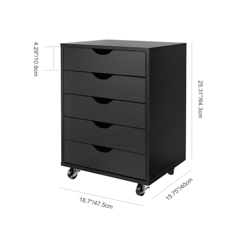 5-Drawer Mobile Filing Cabinets and Office Storage,File Vertical Wood Folder Organizer Cabinet with 360° Rotation Casters - Black