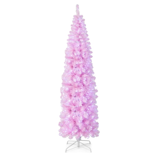 GYMAX  5/6/7 Ft Pre-Lit Artificial Christmas Tree Hinged Slim Pencil Christmas Tree