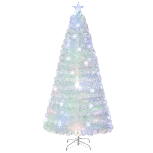 GYMAX  5/6/7 Ft Pre-Lit Fiber Optic Christmas Tree Artificial Christmas Tree W/ Iridescent Leaves In White