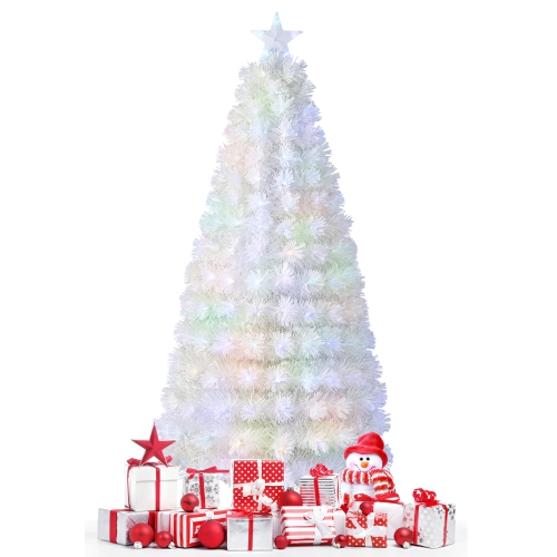 GYMAX  6/7 Ft Pre-Lit Fiber Optic Christmas Tree Snow-Flocked Artificial Christmas Tree In White