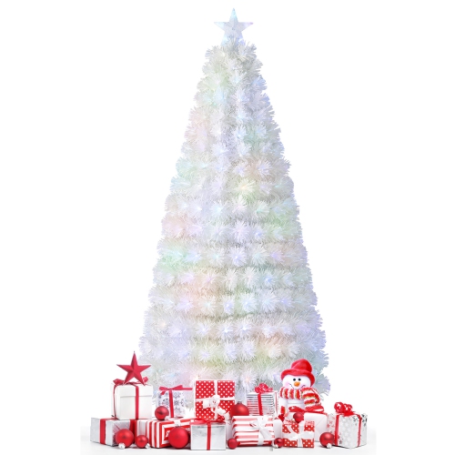 GYMAX  6/7 Ft Pre-Lit Fiber Optic Christmas Tree Snow-Flocked Artificial Christmas Tree In White