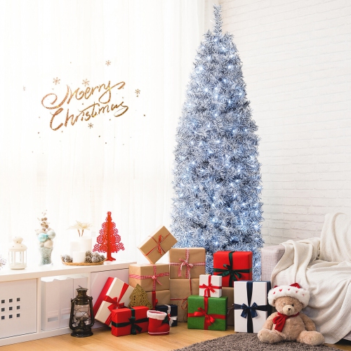 Gymax 7ft Pre-Lit Artificial Christmas Tree Hinged Slim Pencil Xmas Tree w/ LED Lights