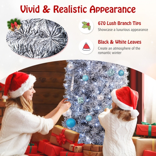 Gymax 7ft Pre-Lit Artificial Christmas Tree Hinged Slim Pencil Xmas Tree w/ LED Lights