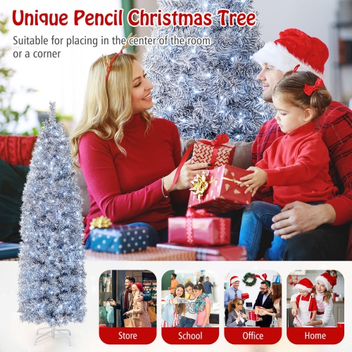 Gymax 7ft Pre-Lit Artificial Christmas Tree Hinged Slim Pencil Xmas Tree w/ LED Lights