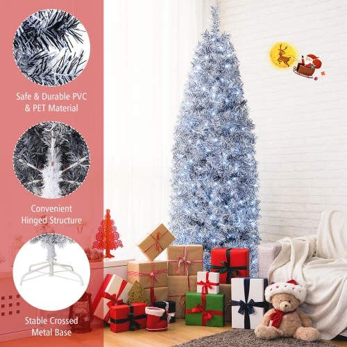 Gymax 7ft Pre-Lit Artificial Christmas Tree Hinged Slim Pencil Xmas Tree w/ LED Lights