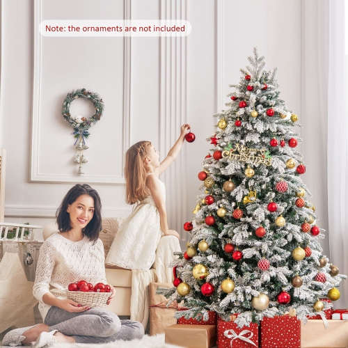 Gymax 4.5/6/7 ft Pre-Lit Artificial Christmas Tree Snow Flocked Hinged Xmas Tree w/ LED Lights