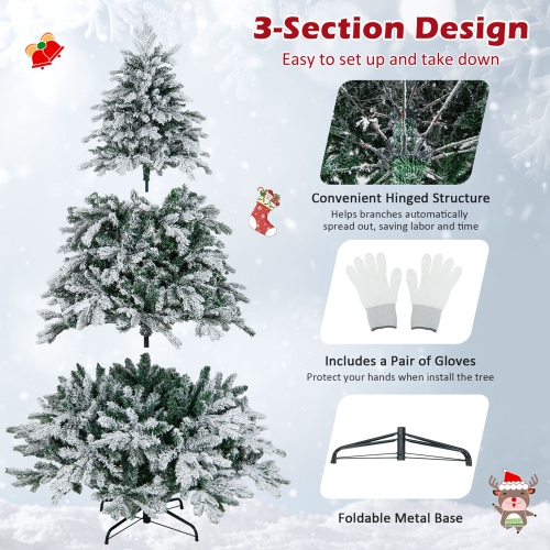 Gymax 4.5/6/7 ft Pre-Lit Artificial Christmas Tree Snow Flocked Hinged Xmas Tree w/ LED Lights