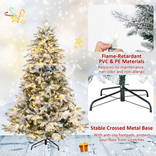 Gymax 4.5/6/7 ft Pre-Lit Artificial Christmas Tree Snow Flocked Hinged Xmas Tree w/ LED Lights