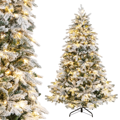 Gymax 4.5/6/7 ft Pre-Lit Artificial Christmas Tree Snow Flocked Hinged Xmas Tree w/ LED Lights