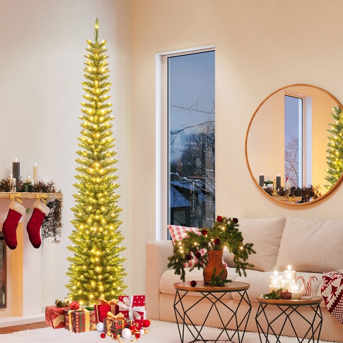 GYMAX  5/6/7/8/9 Ft Pre-Lit Artificial Christmas Tree Slim Pencil Xmas Tree Holiday Party Decor