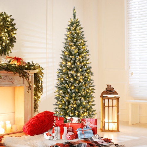 GYMAX  6 Ft Pre-Lit Artificial Christmas Tree Hinged Slim Pencil Xmas Tree W/ 618 Snowy Branch Tips